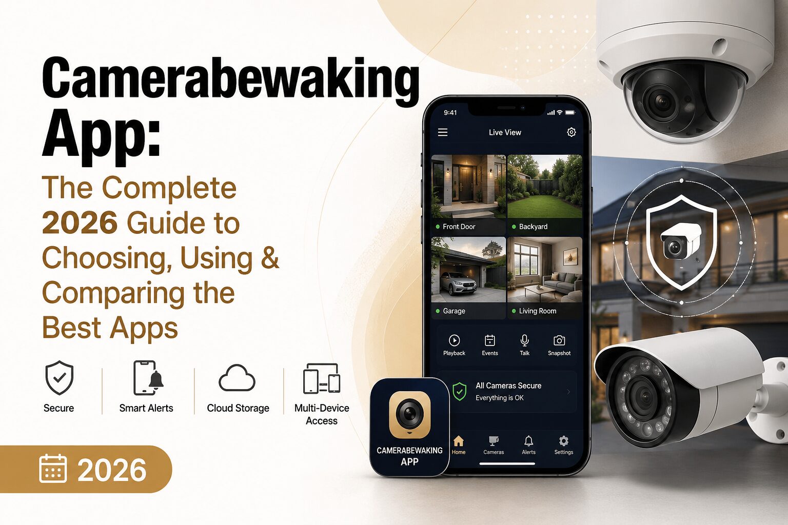 Camerabewaking App guide showing security camera monitoring, smart alerts, cloud storage, and multi-device access in 2026