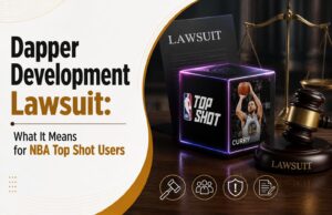 Dapper Development lawsuit banner with NBA Top Shot NFTs, legal gavel, and blockchain graphics.