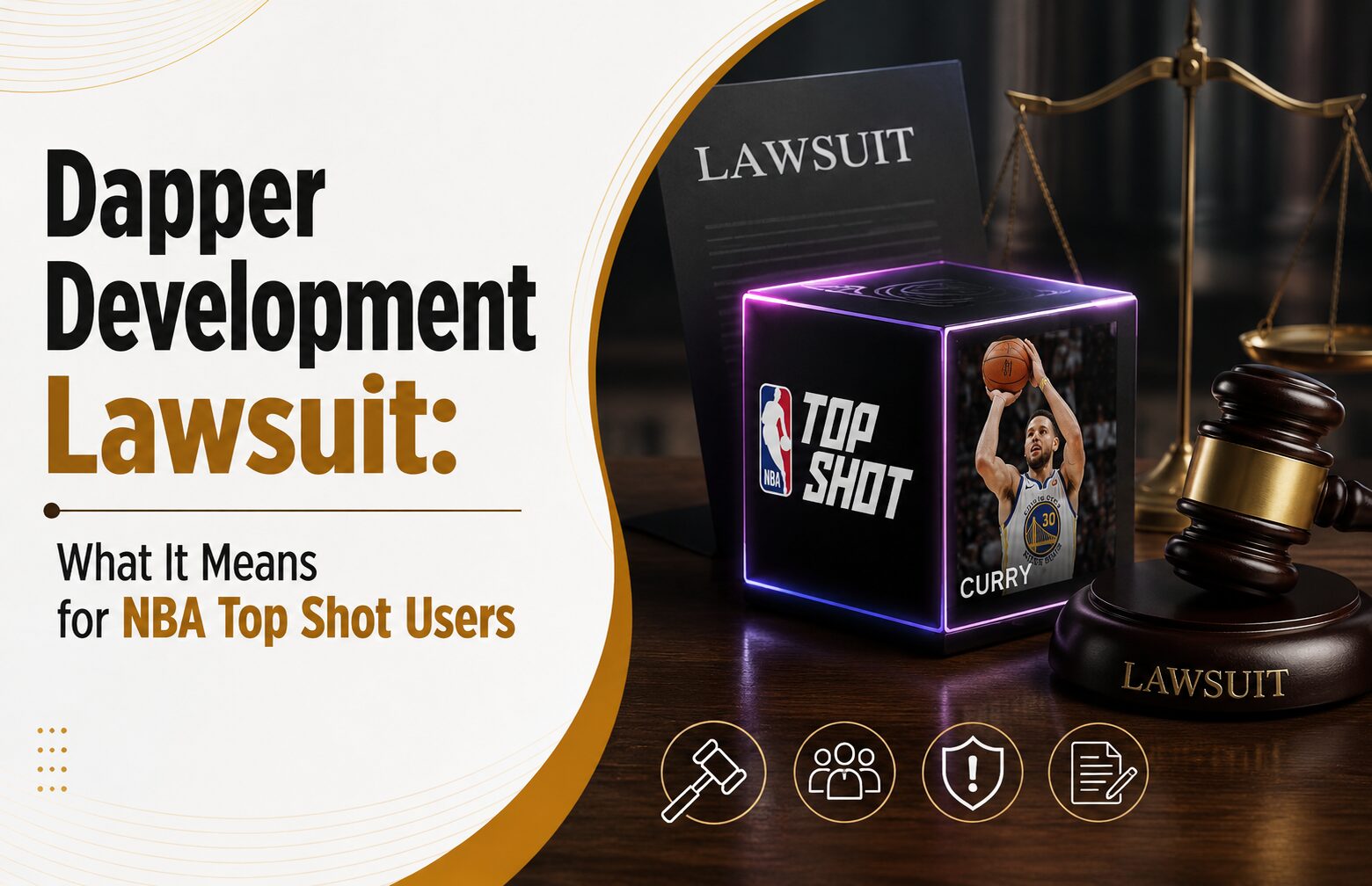 Dapper Development Lawsuit Dapper Development lawsuit banner with NBA Top Shot NFTs, legal gavel, and blockchain graphics.