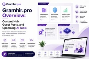 Gramhir.pro overview featuring a content hub, guest posts, upcoming AI tools, and digital insights