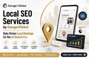 Local SEO Services by Garage2Global banner featuring AI search, local rankings, maps, business listings, and analytics.