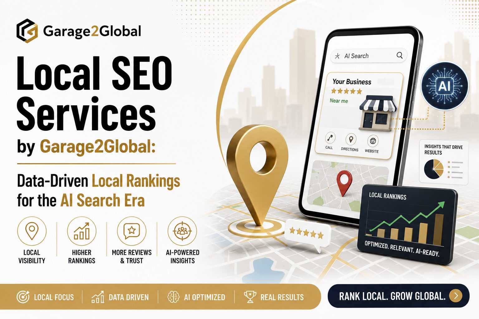 Local SEO Services by Garage2Global Local SEO Services by Garage2Global banner featuring AI search, local rankings, maps, business listings, and analytics.