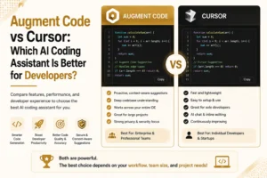 Augment Code vs Cursor comparison showing AI coding assistant features, code suggestions, developer productivity, and ideal use cases.