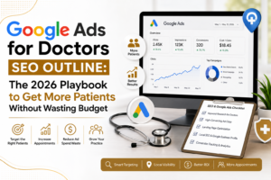 Google Ads for Doctors SEO Outline showing a 2026 Google Ads strategy for attracting more patients, reducing wasted ad spend, improving targeting, tracking conversions, and increasing appointments.