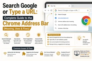 Search Google or Type a URL Chrome address bar guide showing its meaning, uses, search features, and common fixes.