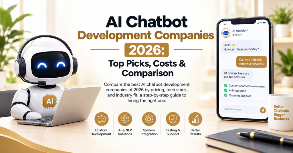 AI chatbot development companies in 2026 with AI robot, chatbot interface, development services, and cost comparison