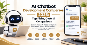 AI chatbot development companies in 2026 with AI robot, chatbot interface, development services, and cost comparison