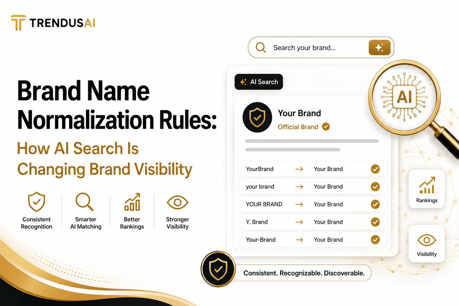 Brand Name Normalization Rules Brand name normalization rules showing how AI search standardizes brand names to improve brand visibility, recognition, and rankings