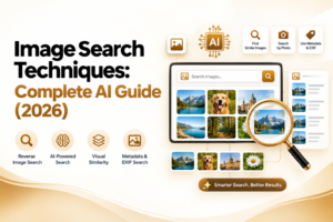 Image Search Techniques: Complete AI Guide (2026) showing AI-powered image search, reverse image search, visual similarity, and metadata/EXIF search on a modern interface.