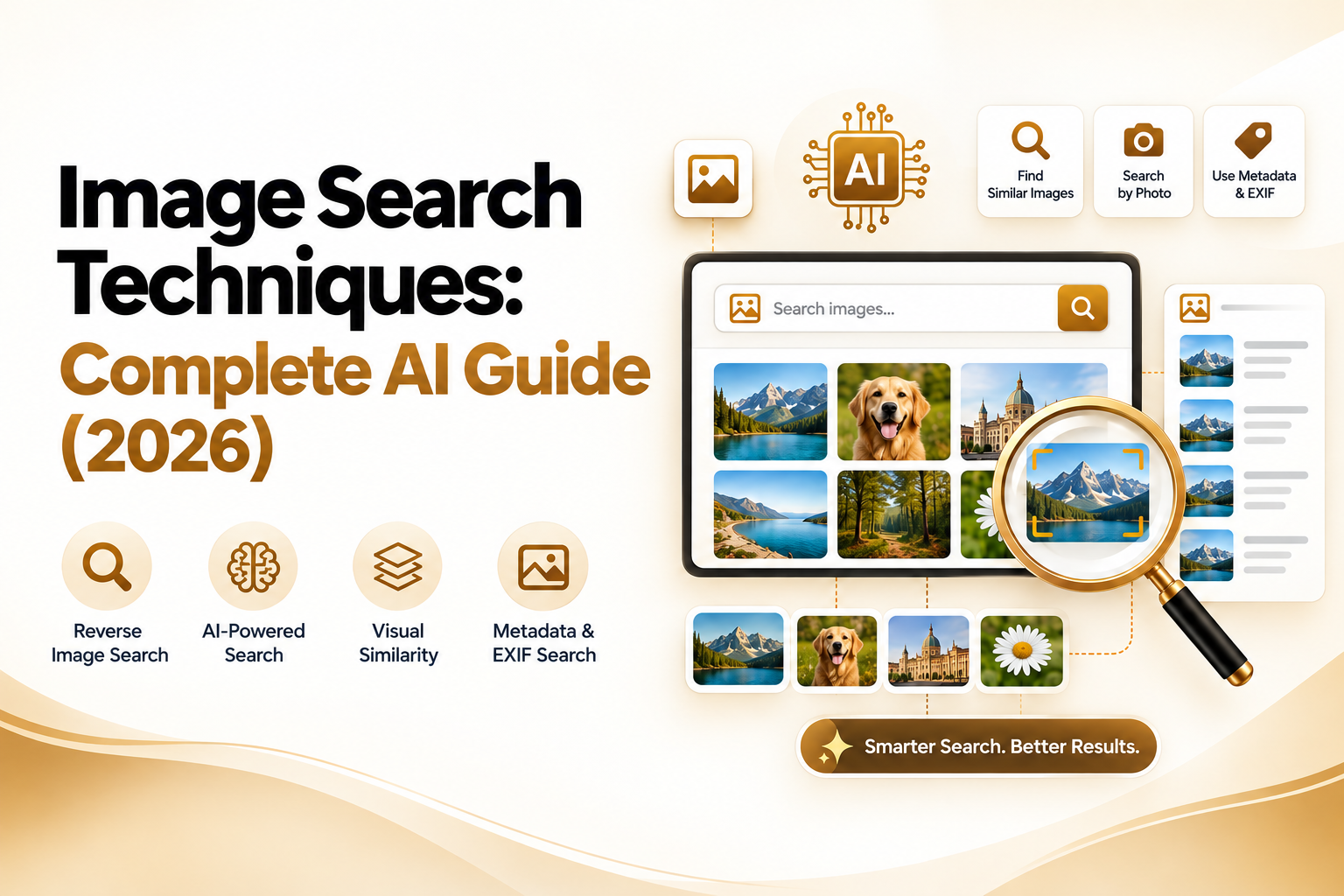 Image Search Techniques: Complete AI Guide (2026) Image Search Techniques: Complete AI Guide (2026) showing AI-powered image search, reverse image search, visual similarity, and metadata/EXIF search on a modern interface.