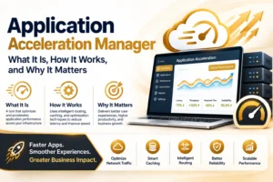 Application Acceleration Manager dashboard showing faster application performance, intelligent routing, smart caching, and optimized network traffic