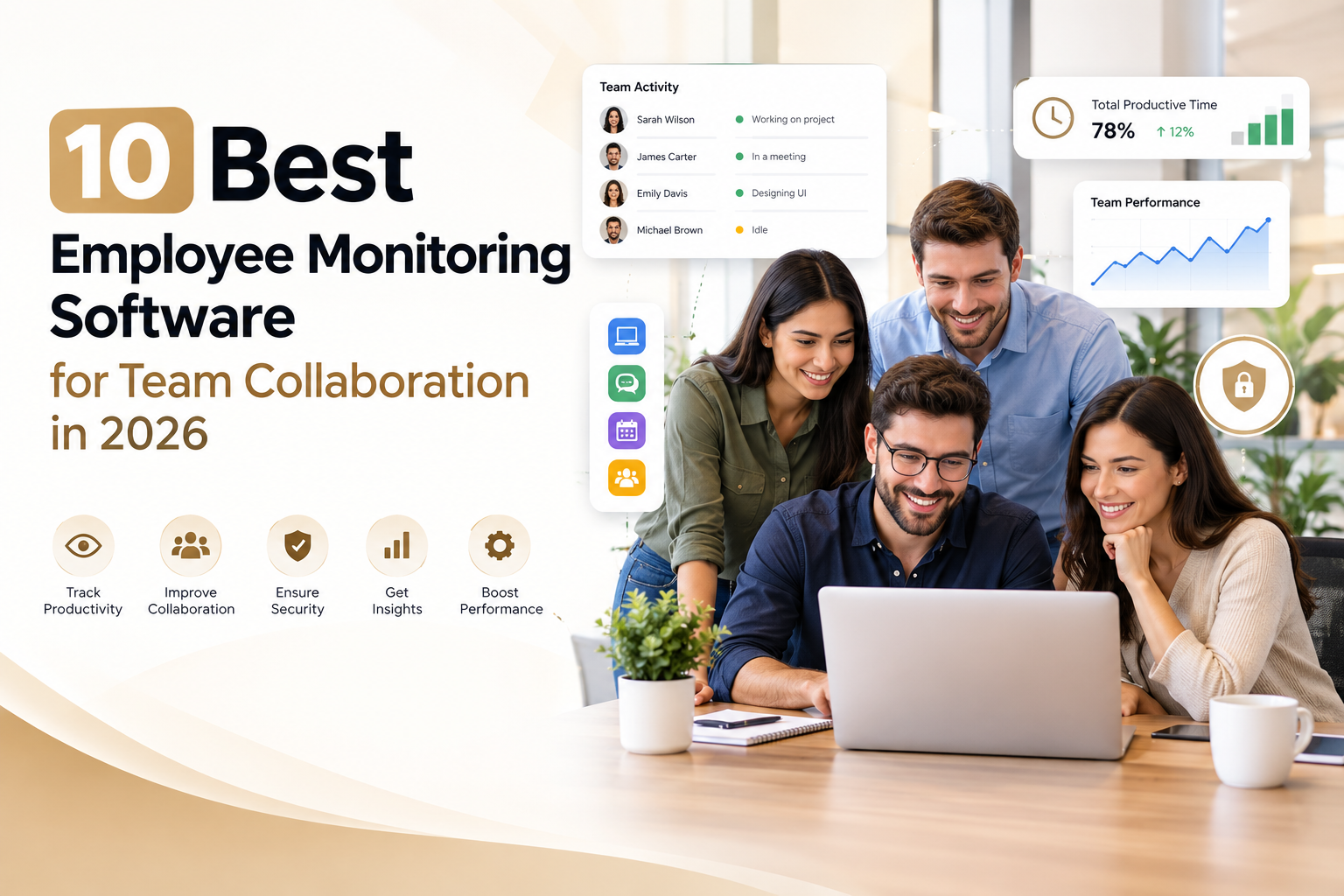 10 best employee monitoring software tools for team collaboration in 2026, with productivity dashboards and a team working together.