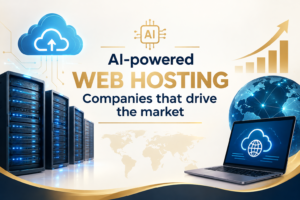 AI-powered web hosting infographic with cloud servers, an AI chip, connected globe, laptop, and market growth chart.