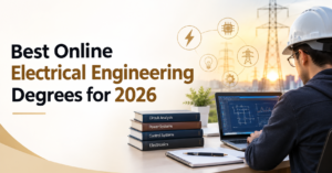 Best online electrical engineering degrees for 2026 featuring an engineering student studying circuit design and power systems. Copy