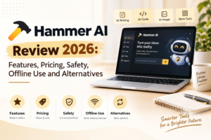Hammer AI Review 2026 banner showing AI tools, pricing, safety, offline use, and alternatives on a laptop.
