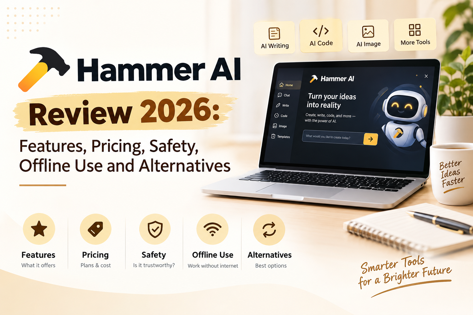 Hammer AI Review 2026 banner showing AI tools, pricing, safety, offline use, and alternatives on a laptop.