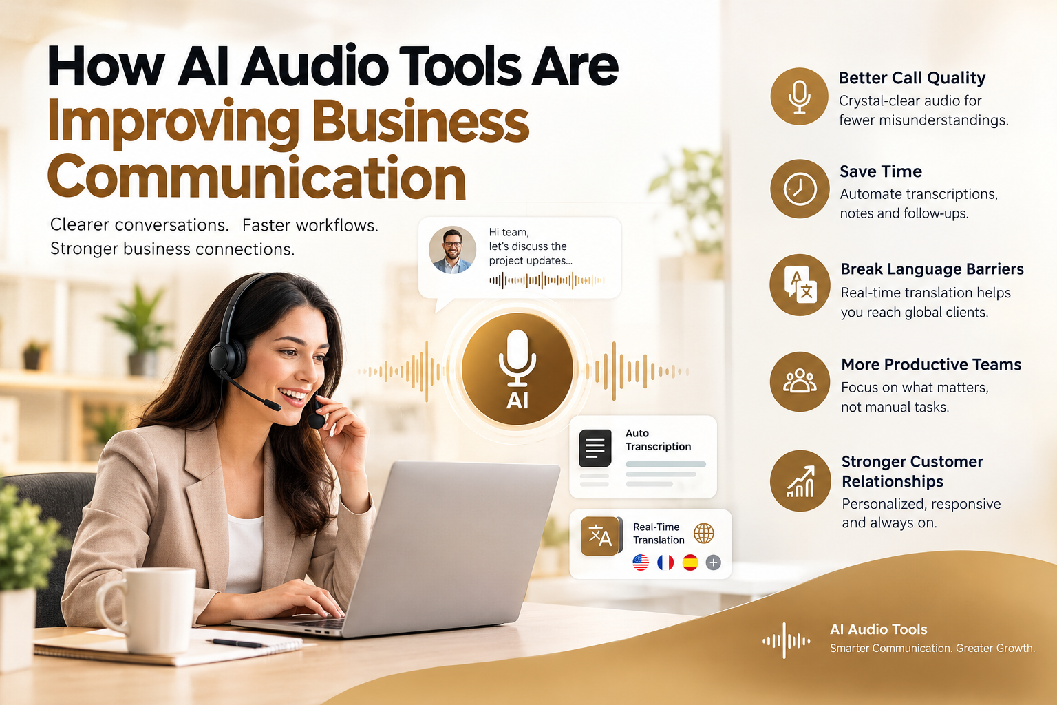 AI audio tools improving business communication with clearer calls, automated transcription, and real-time translation