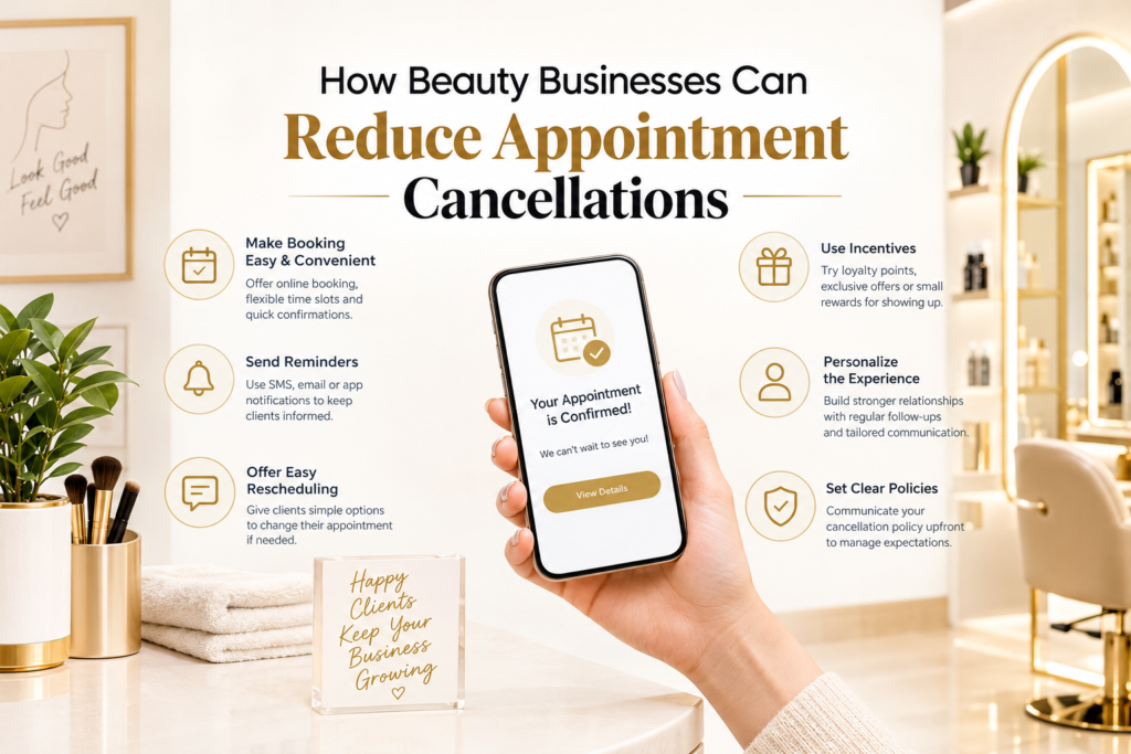 How beauty businesses can reduce appointment cancellations with booking convenience, reminders, easy rescheduling, incentives, personalized communication, and clear policies.