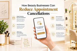 How beauty businesses can reduce appointment cancellations with booking convenience, reminders, easy rescheduling, incentives, personalized communication, and clear policies.