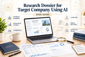 Research dossier for target company using AI, featuring company overview, financials and funding, competitor analysis, leadership research, risk checks, and source verification in a 2026 guide.