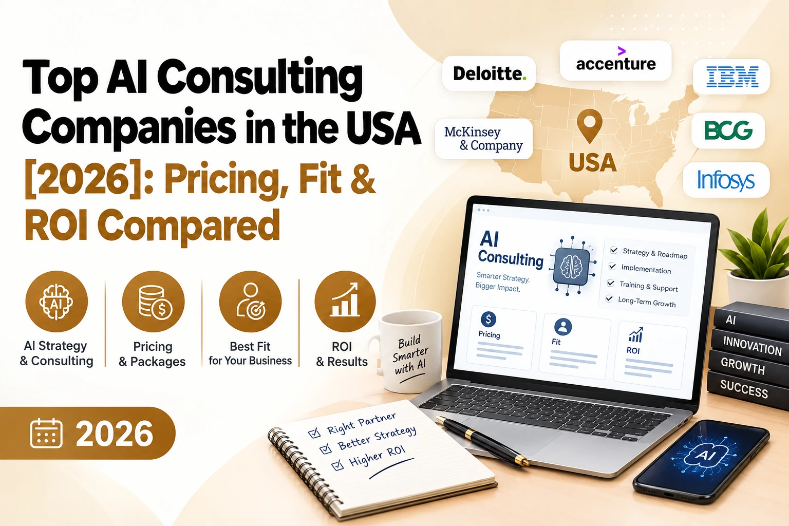 Top AI consulting companies in the USA 2026 comparison covering pricing, business fit, AI strategy, and ROI