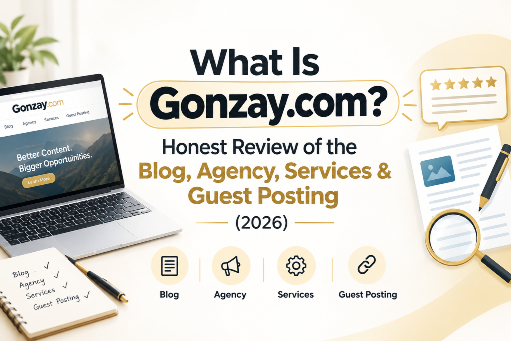 Gonzay.com review infographic covering the blog, agency, services, and guest posting in 2026