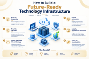 Infographic explaining how to build a future-ready technology infrastructure with scalability, security, cloud strategy, automation, data-driven decisions, and sustainability.